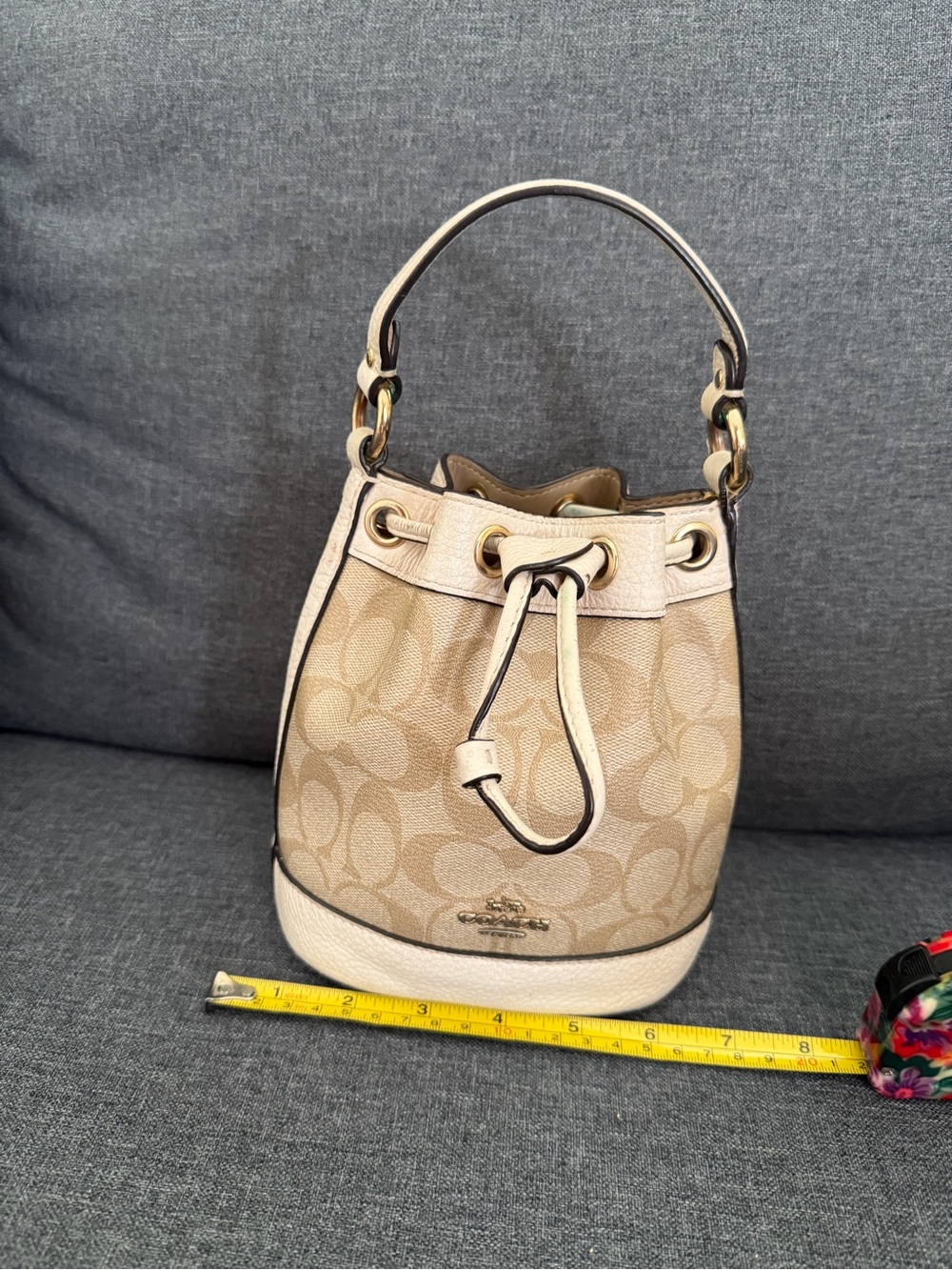 Coach Beige Signature Canvas Drawstring Mini Bucket Bag